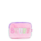 front view of a color blocked pouch with glitter varsity lettering 'stuff'