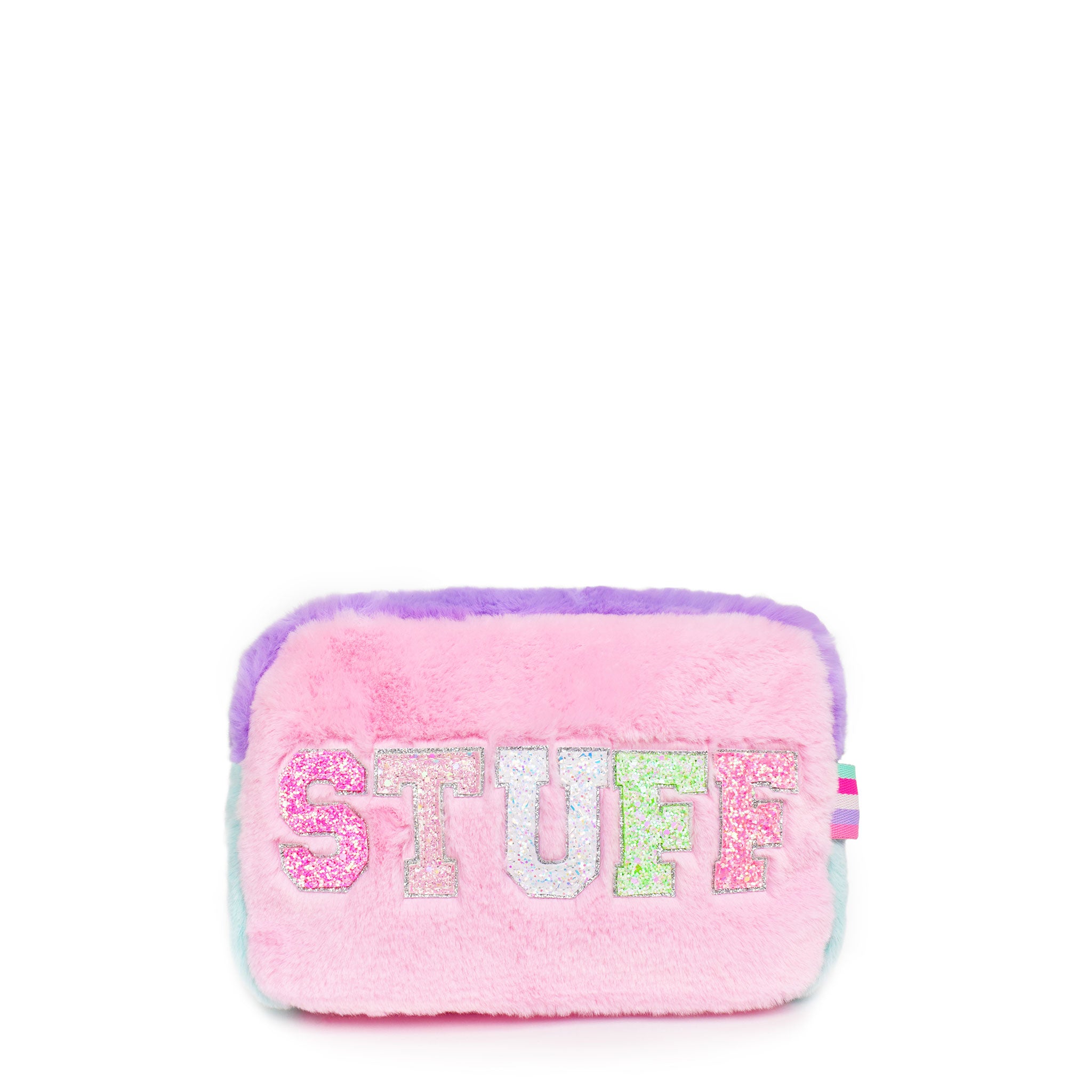 front view of a color blocked pouch with glitter varsity lettering 'stuff'