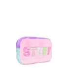 side view of a color blocked pouch with glitter varsity lettering 'stuff'