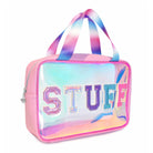 Side view of a blue clear glazed extra large pouch with long top handles and metallic varsity lettering 'stuff' 