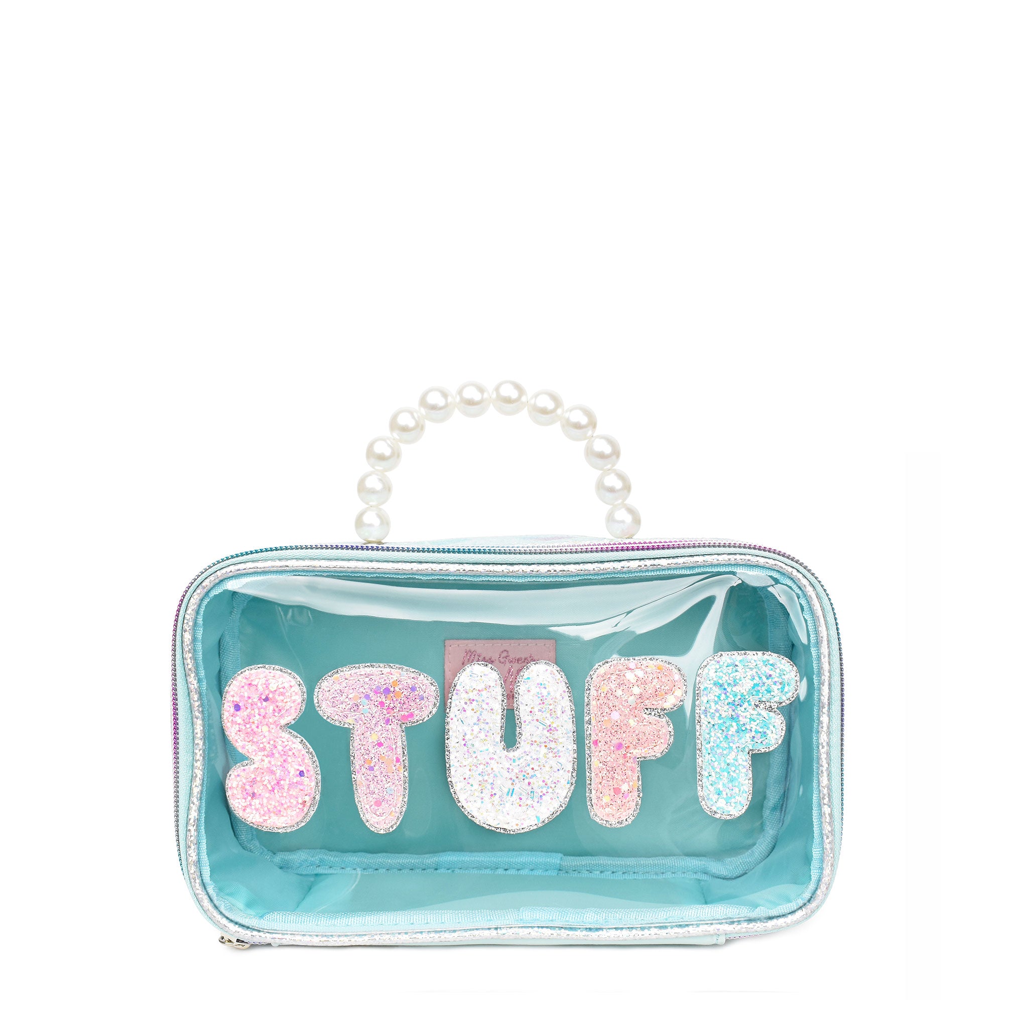 Front view of a clear pearl top handle pouch with glitter bubble lettering 'stuff'