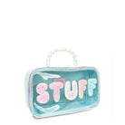 side view of a clear pearl top handle pouch with glitter bubble lettering 'stuff'