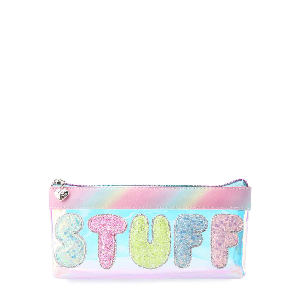 Front view of clear pouch with bubble letter 'STUFF' appliqué.