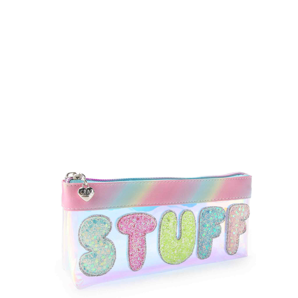 Side view of clear pouch with bubble letter 'STUFF' appliqué.