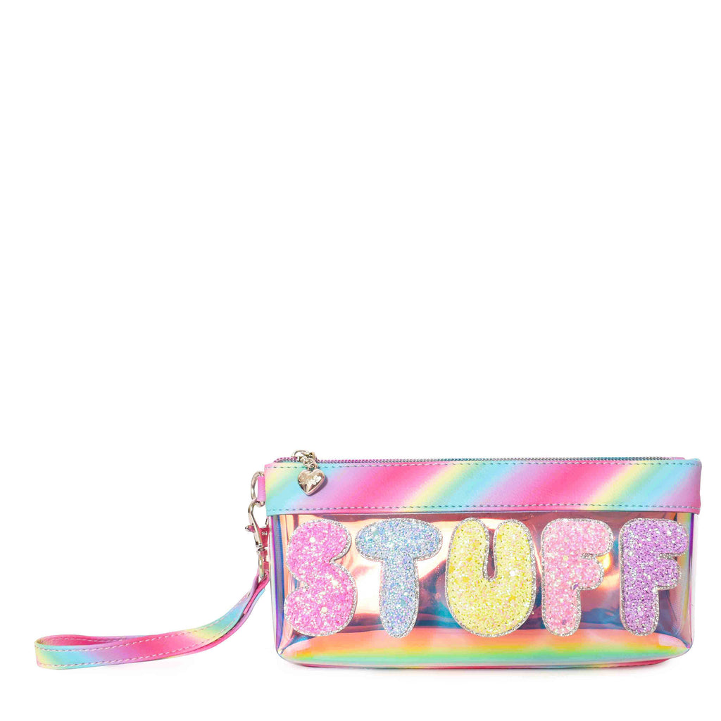 Front view of clear glazed 'Stuff' wristlet with glitter bubble-letter patches