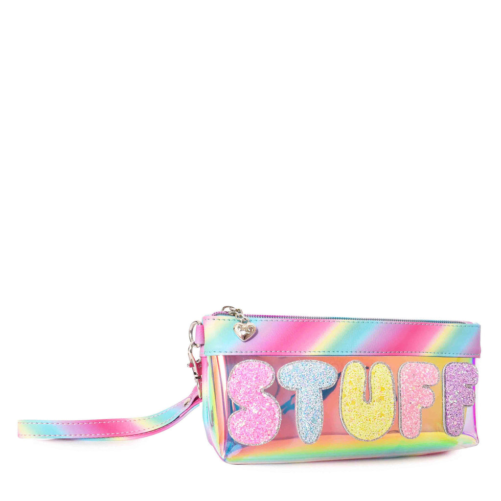 Side view of clear glazed 'Stuff' wristlet with glitter bubble-letter patches