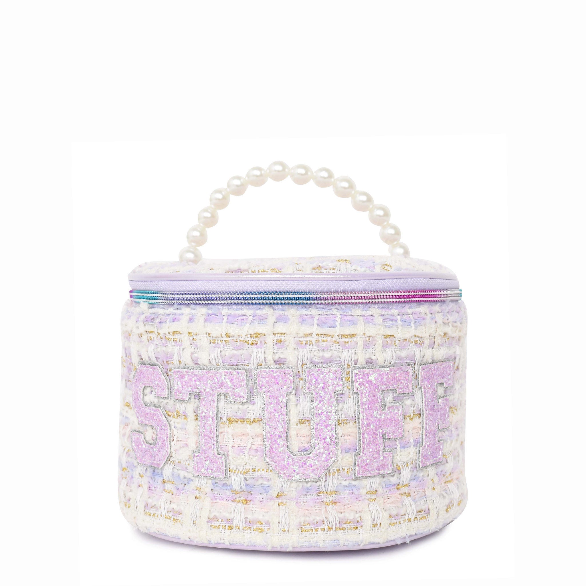 Front view of a lavender tweed rounded train case with a pearl top-handle & glitter varsity letters 'Stuff'.