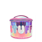 Front view of a clear iridescent round glam bag with metallic bubble letters 'STUFF' 