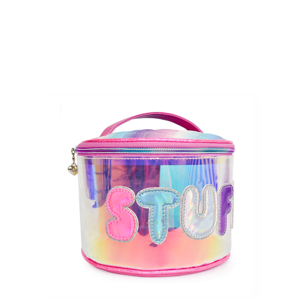Side view of a clear iridescent round glam bag with metallic bubble letters 'STUFF'
