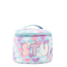 side view of a heart-printed plush rounded train case with bubble lettering 'stuff' appliqué 