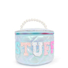 front view of a blue metallic quilted rounded glam bag with a pearl top-handle with glitter varsity letters 'stuff' 
