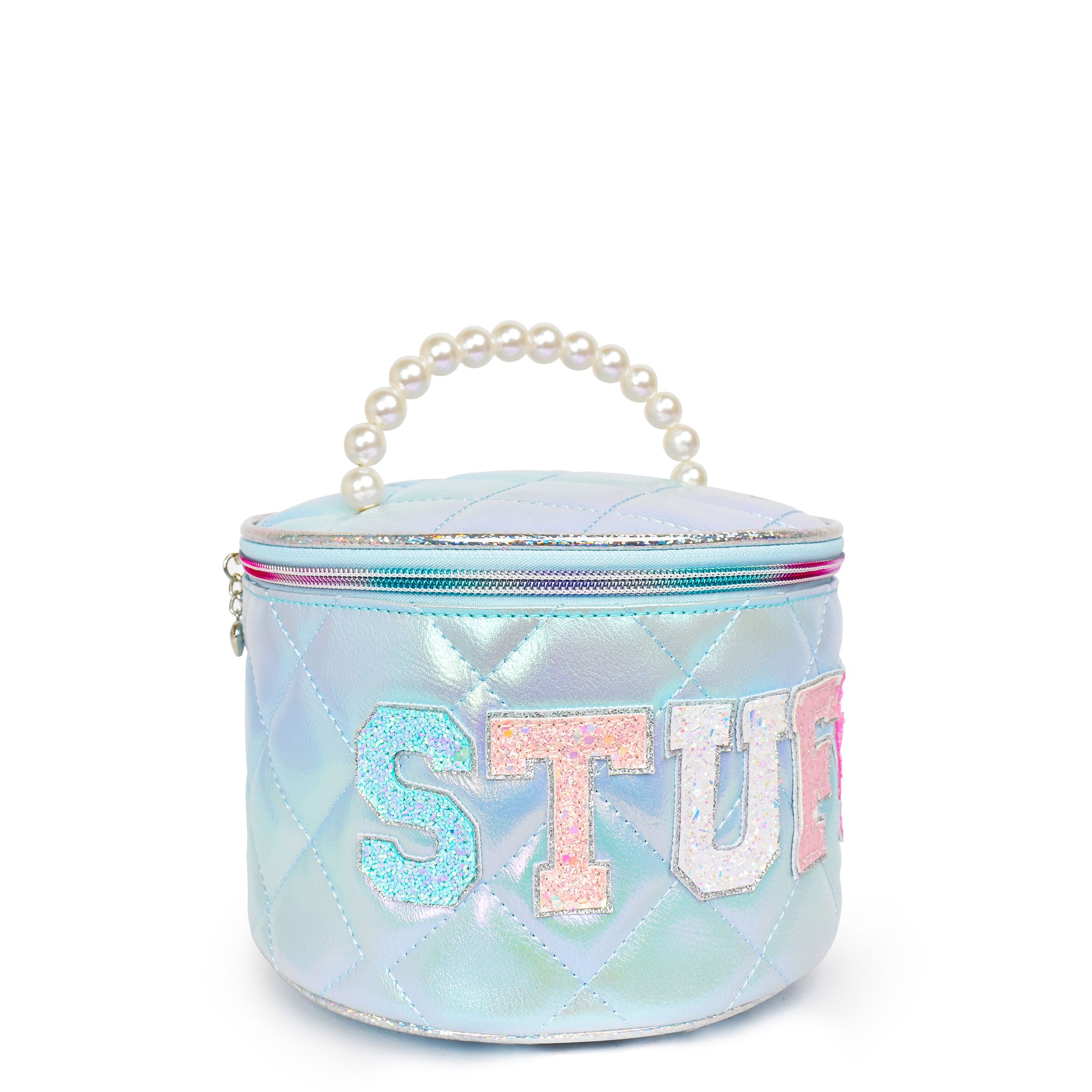 Side view of a blue metallic quilted rounded glam bag with a pearl top-handle with glitter varsity letters 'stuff'