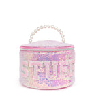 front view of a sequin rounded glam bag with a pearl top handle & varsity lettering 'stuff'