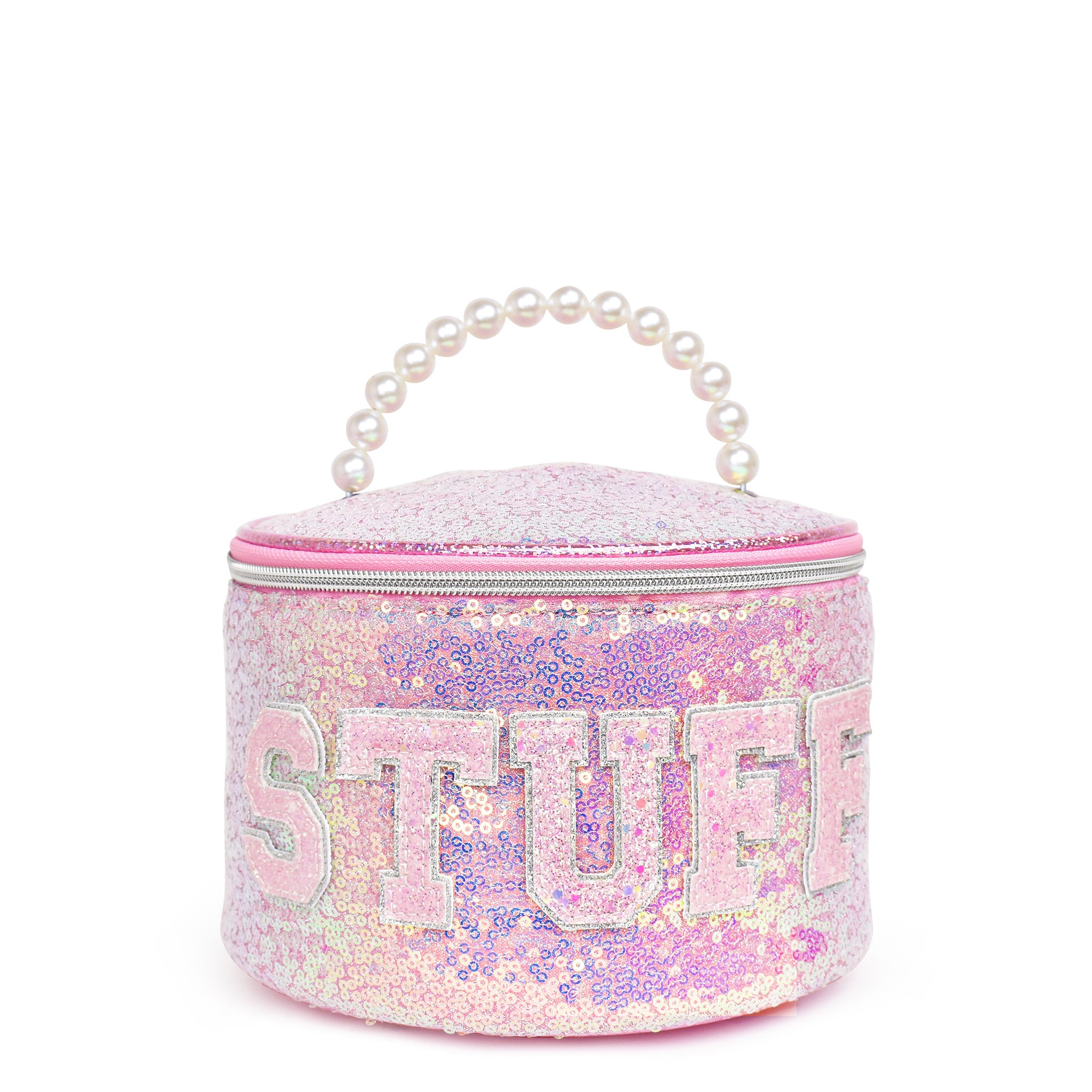 front view of a sequin rounded glam bag with a pearl top handle & varsity lettering 'stuff'