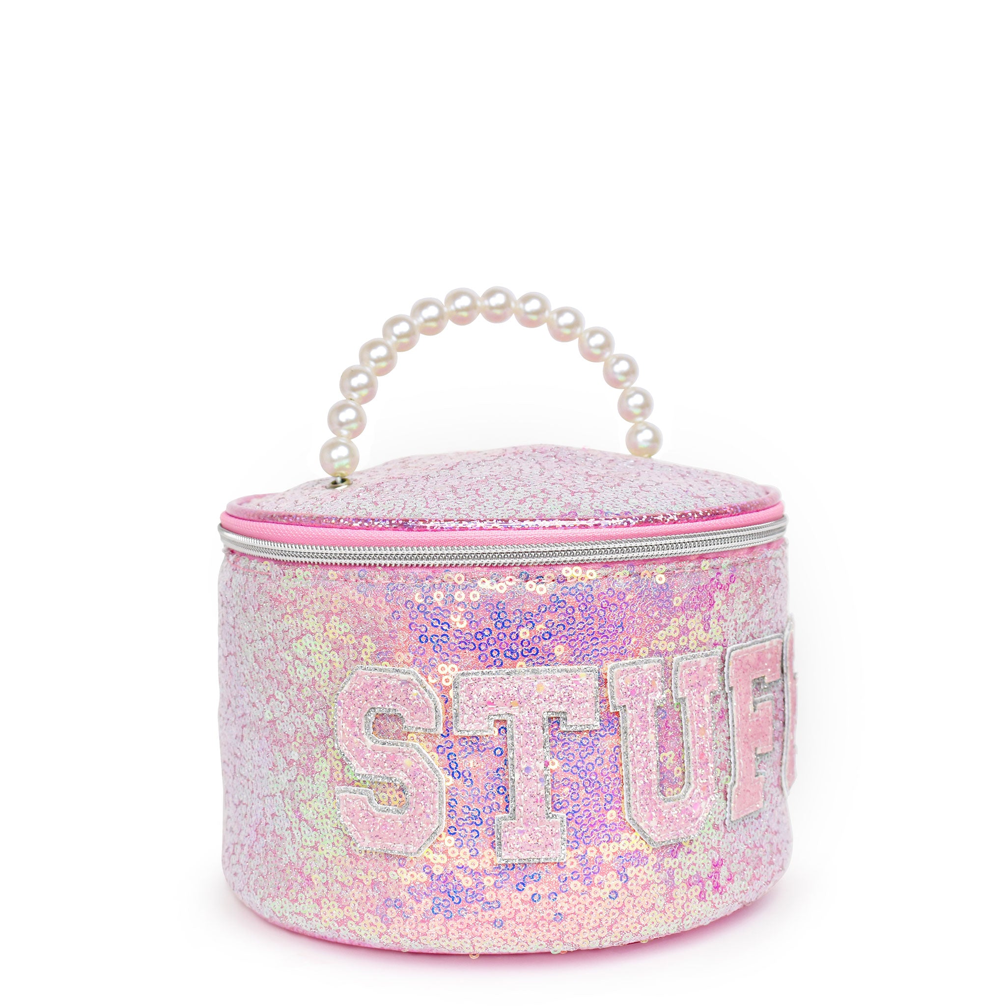 side view of a sequin rounded glam bag with a pearl top handle & varsity lettering 'stuff'
