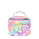 front view of a heart-printed ombre plush rounded glam bag with a pearl top handle & varsity lettering 'stuff'