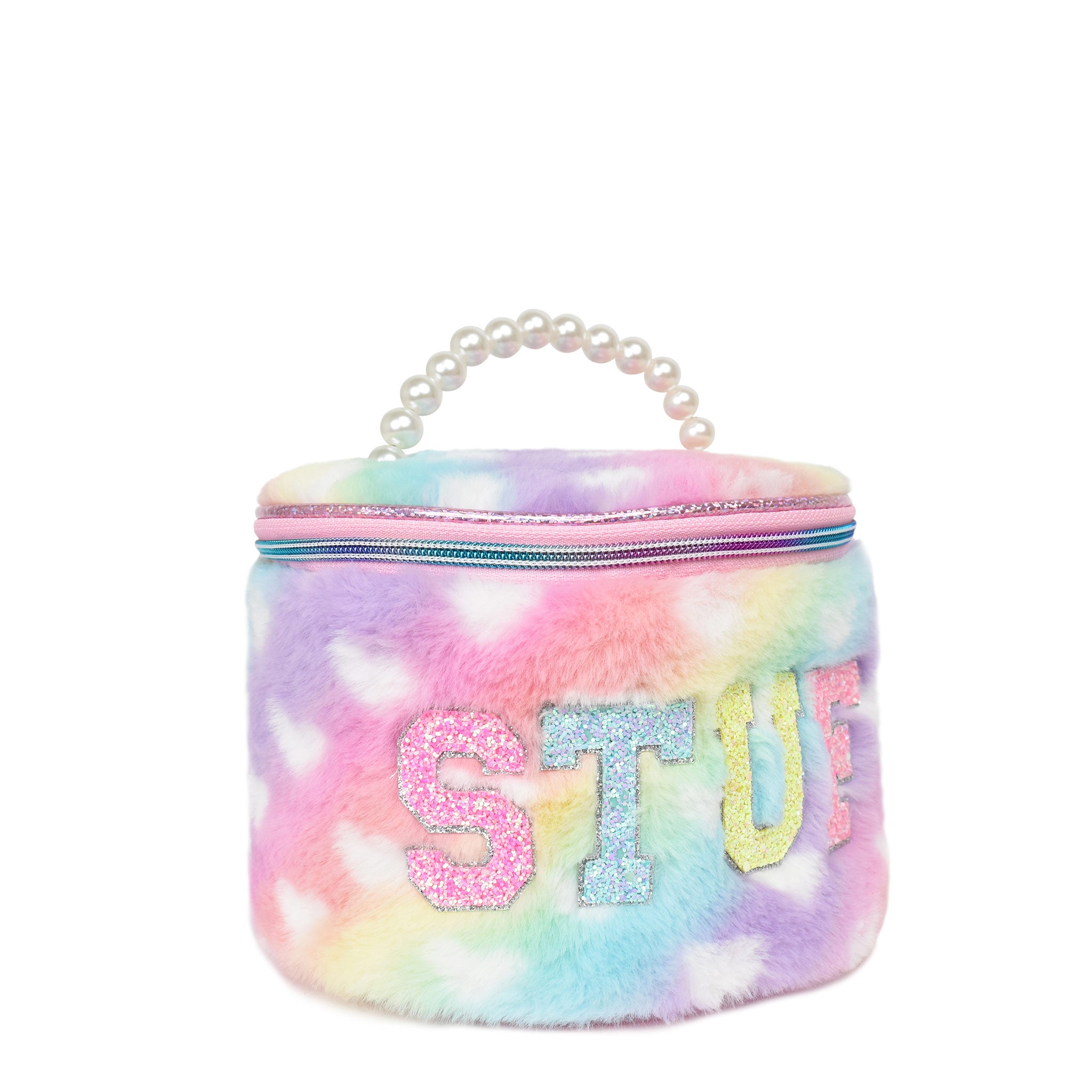 side view of a heart-printed ombre plush rounded glam bag with a pearl top handle & varsity lettering 'stuff'