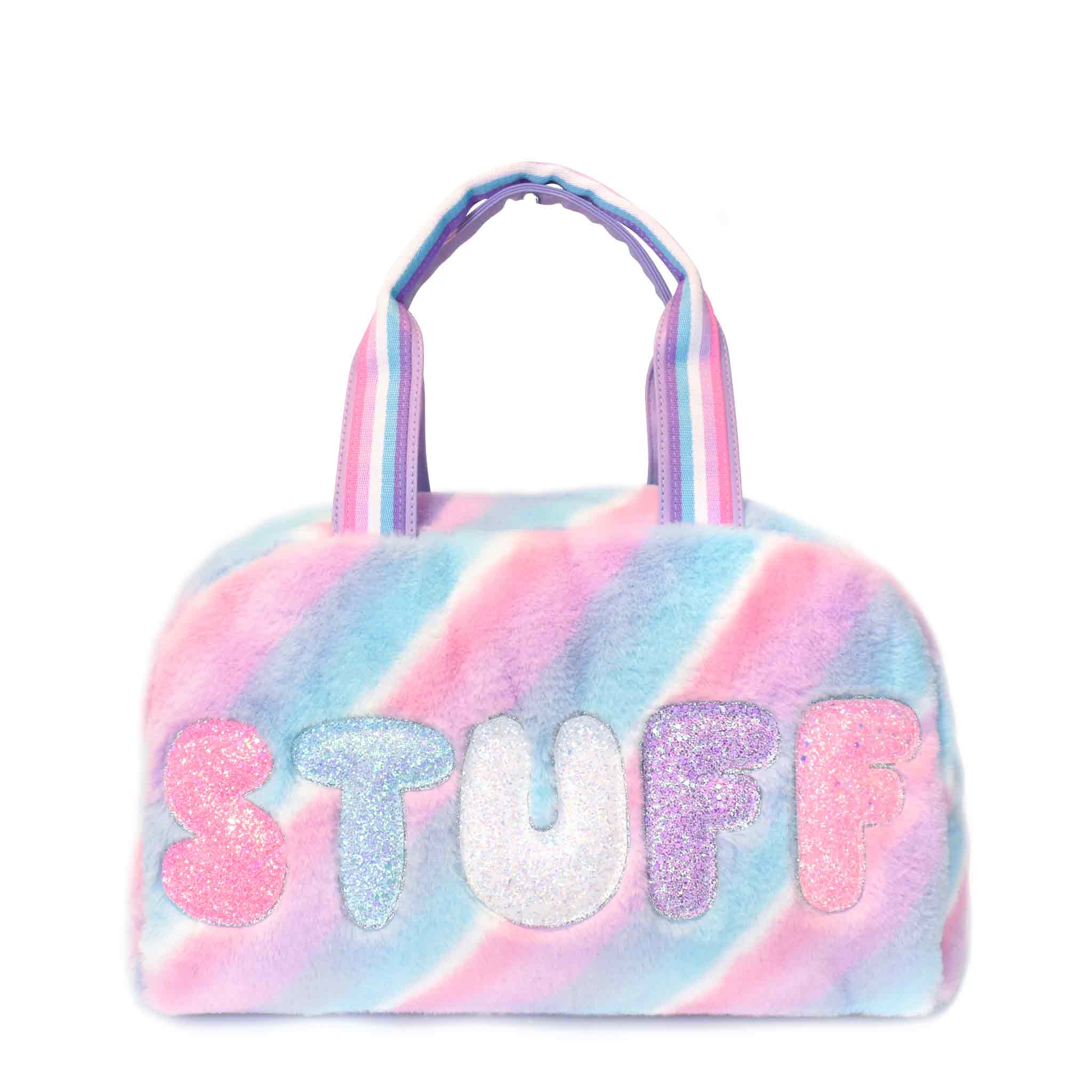 Front View of a Pastel Blue Pink and Purple Striped Duffle with "Stuff" Glitter Letters