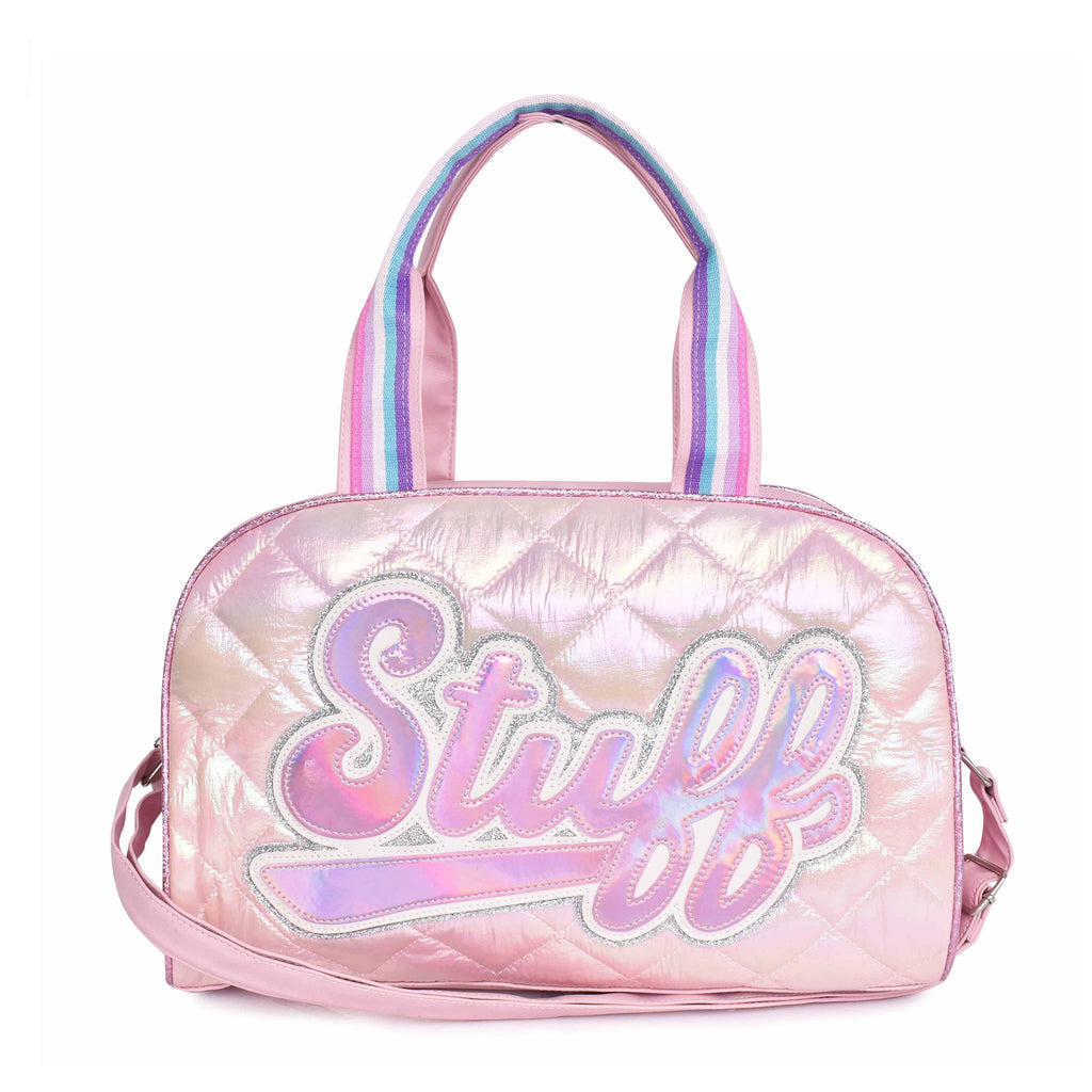 Front view of pastel pink metallic puffer medium duffle bag with retro 'Stuff' patch