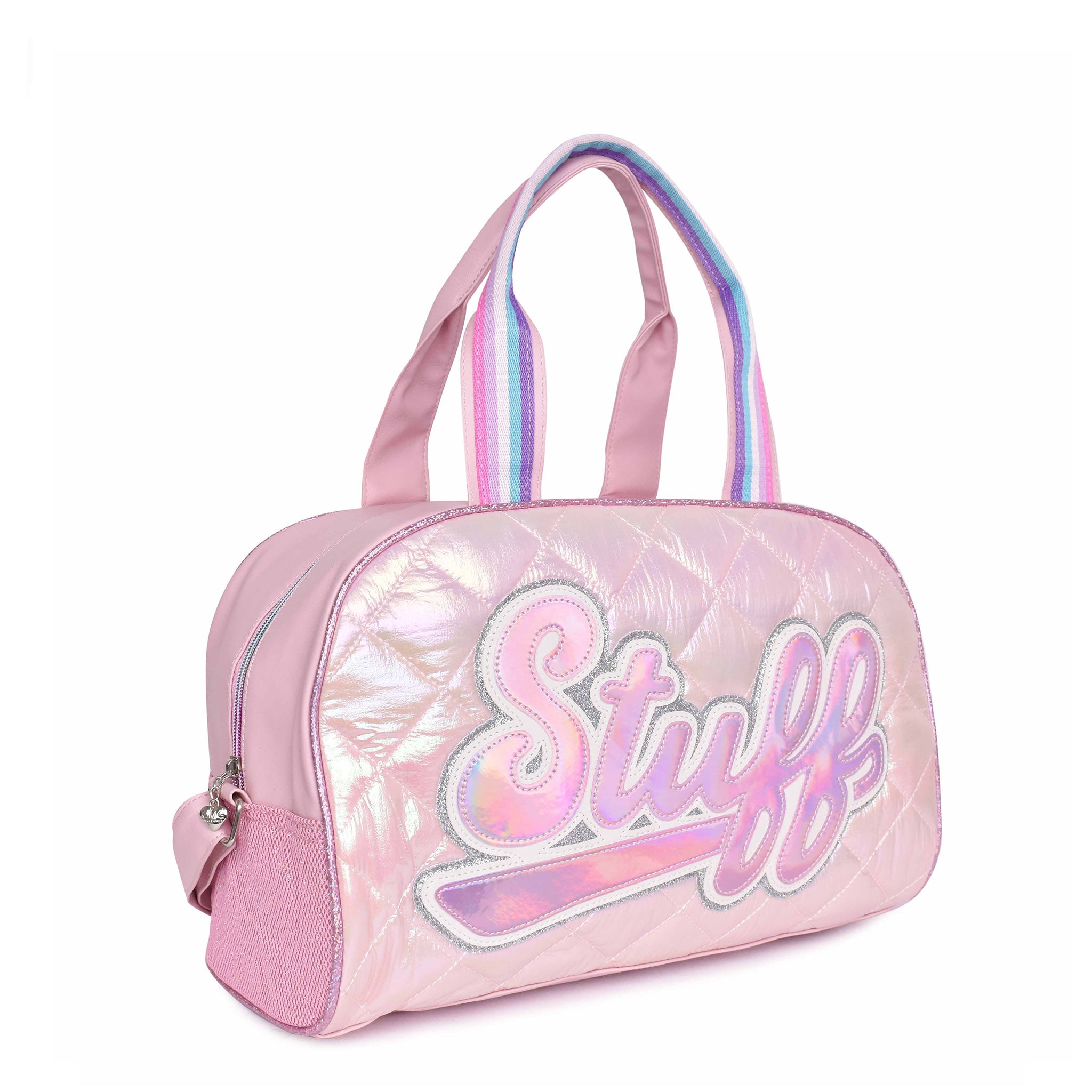 Side view of pastel pink metallic puffer medium duffle bag with retro 'Stuff' patch