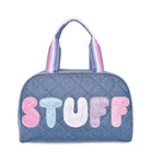 Front view of a denim quilted medium duffle bag with glitter bubble letters 'STUFF'