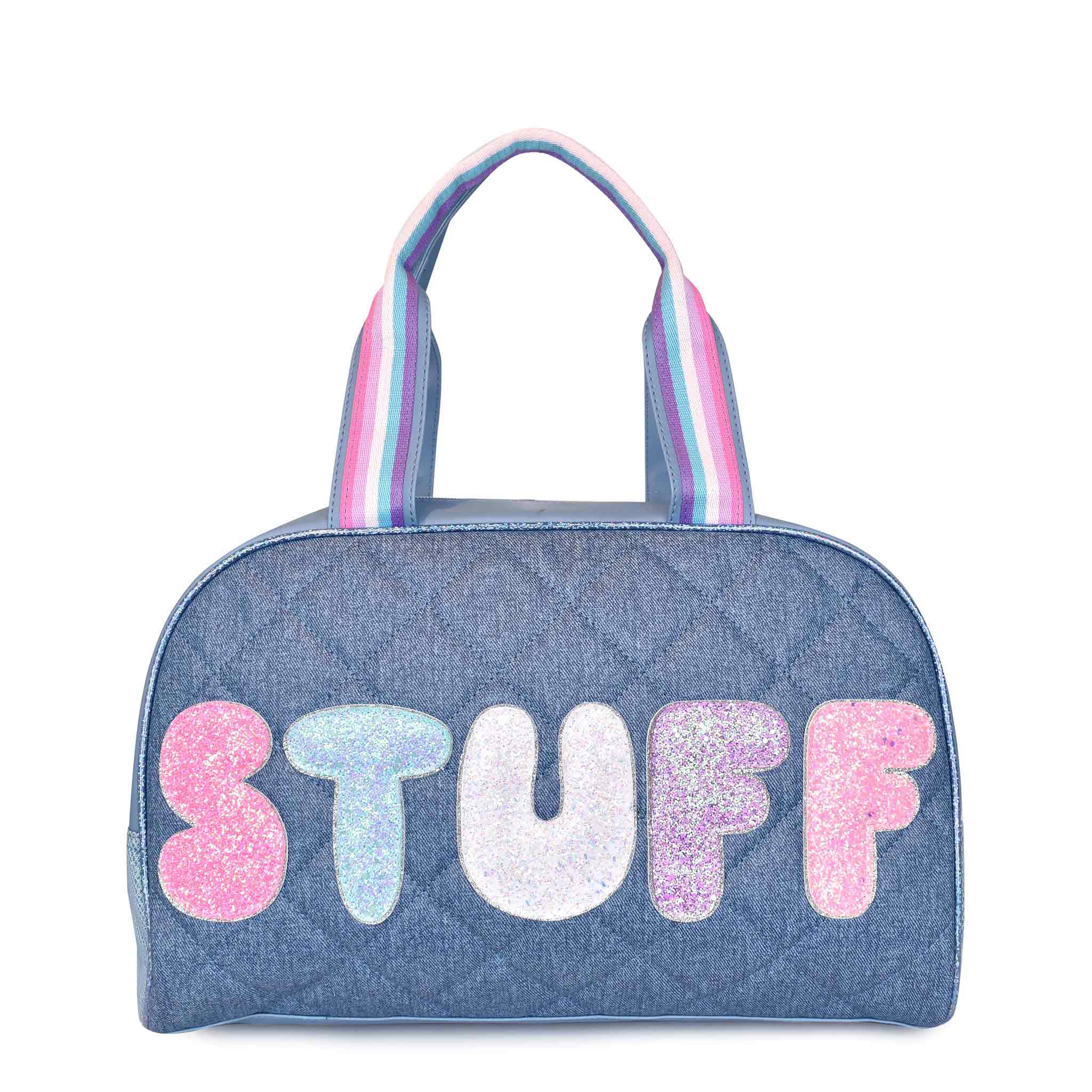 Front view of a denim quilted medium duffle bag with glitter bubble letters 'STUFF'