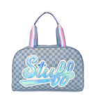 Front view of a denim ccheckerboard medium duffle bag with blue metallic retro script letters 'Stuff' applique 