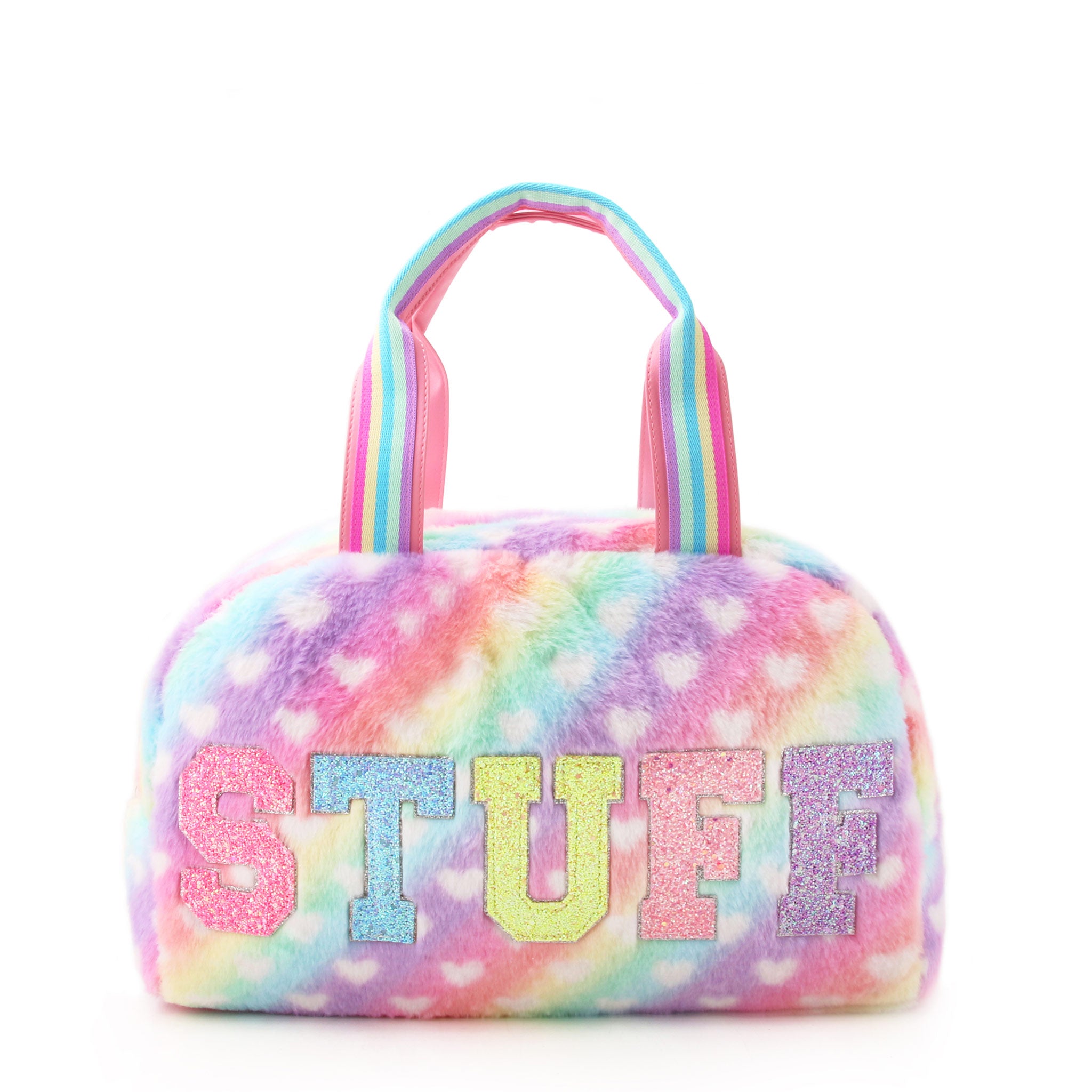 front view of an ombre plush heart- printed medium duffle bag with glitter varsity lettering 'STUFF' appliqués 