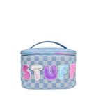 Front view of a denim checkered train case with metallic bubble letters 'STUFF"