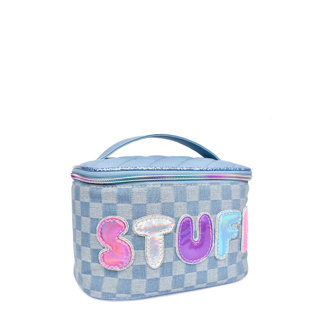 Side  view of a denim checkered train case with metallic bubble letters 'STUFF"