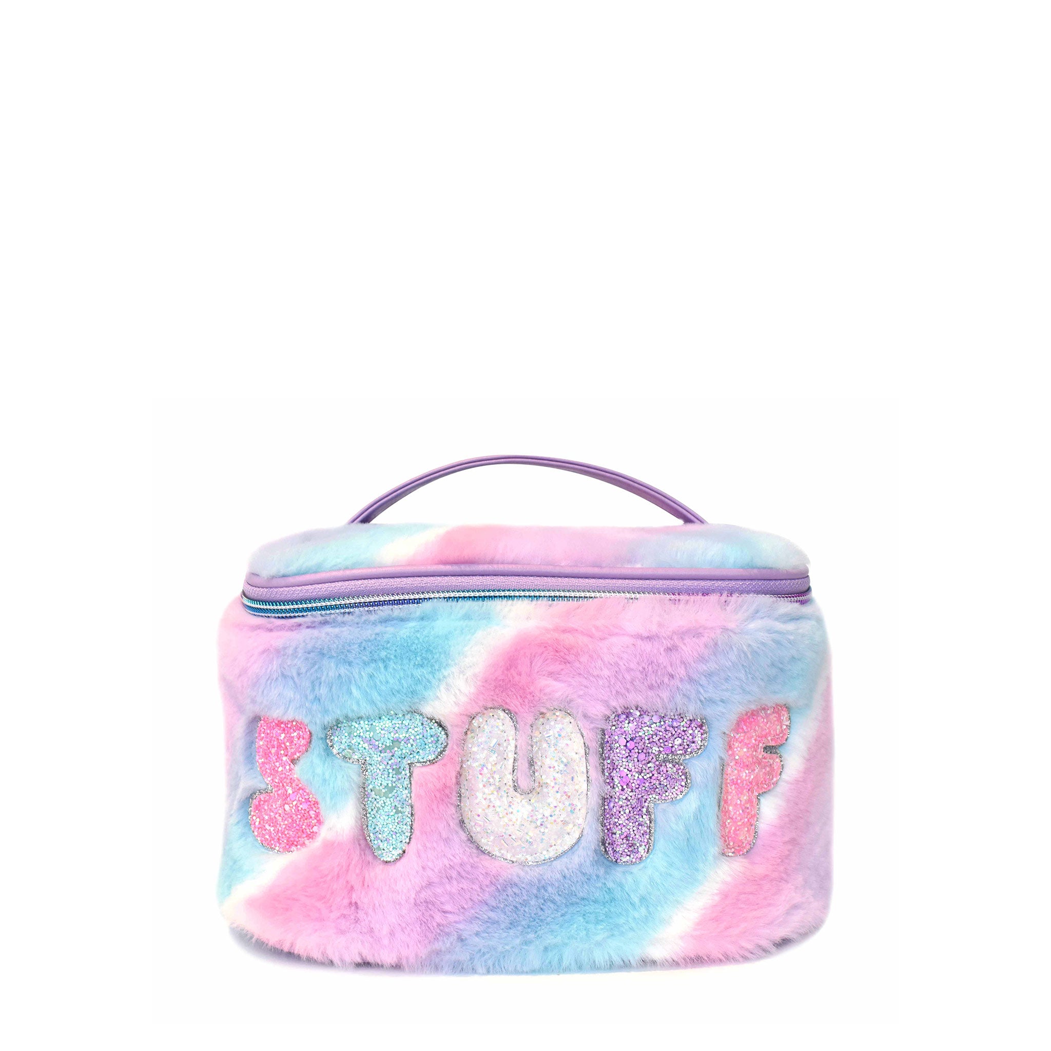 Front view of a purple, blue and white pastel ombre plush train case with glitter bubble letters 'STUFF' 