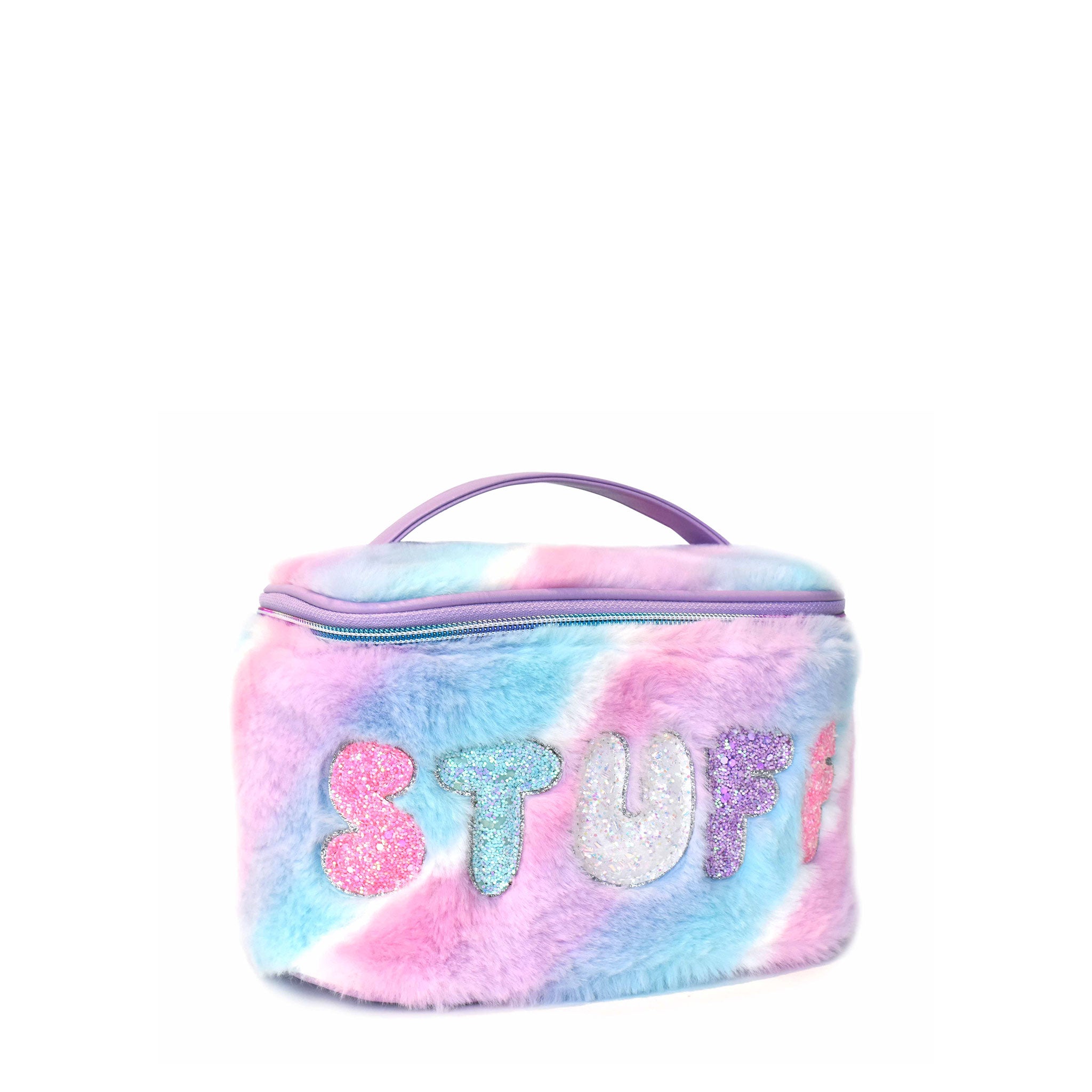 Side view of a purple, blue and white pastel ombre plush train case with glitter bubble letters 'STUFF'