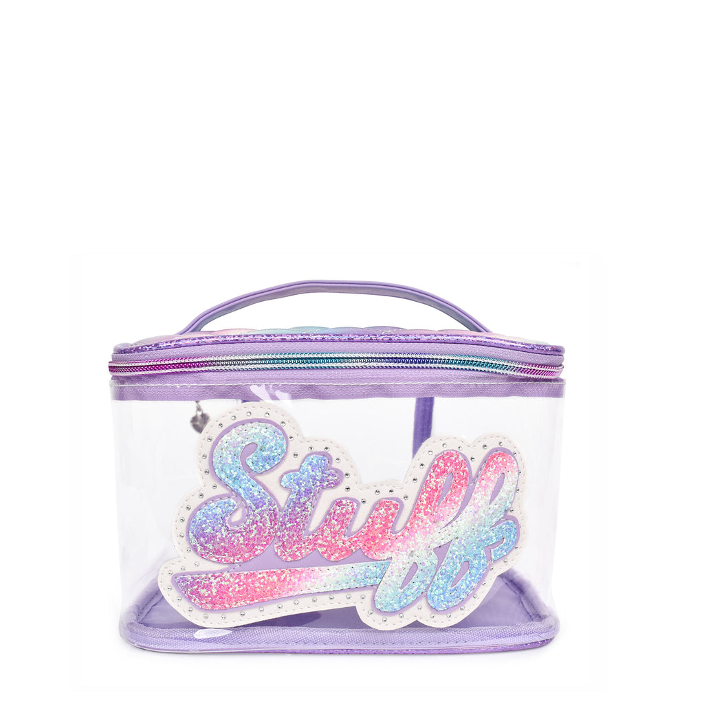 Front view of clear lavender glam bag with sparkly retro-inspired 'Stuff' patch