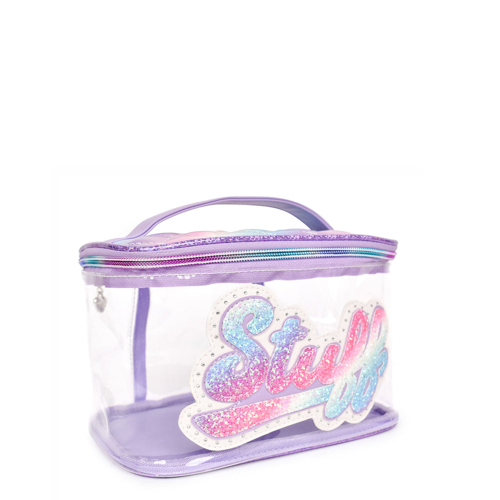 Side view of clear lavender glam bag with sparkly retro-inspired 'Stuff' patch