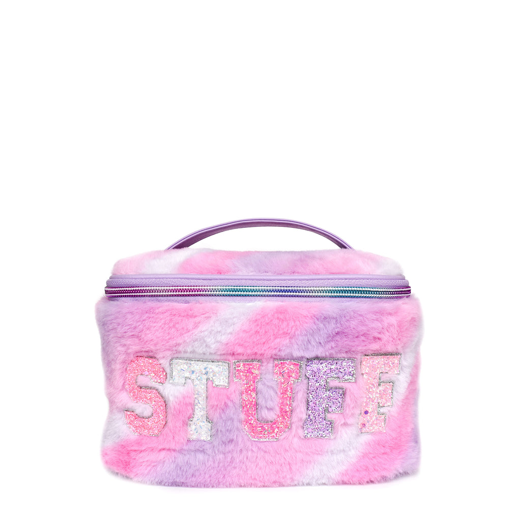 Front view of a pink striped ombre train case with glitter varsity letters 'STUFF'