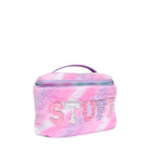 Side  view of a pink striped ombre train case with glitter varsity letters 'STUFF'