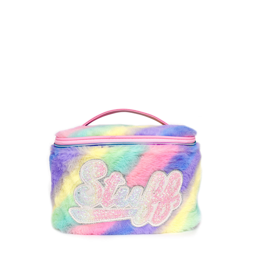 Front view of rainbow striped plush train case with glitter scripted varsity letters 'STUFF'