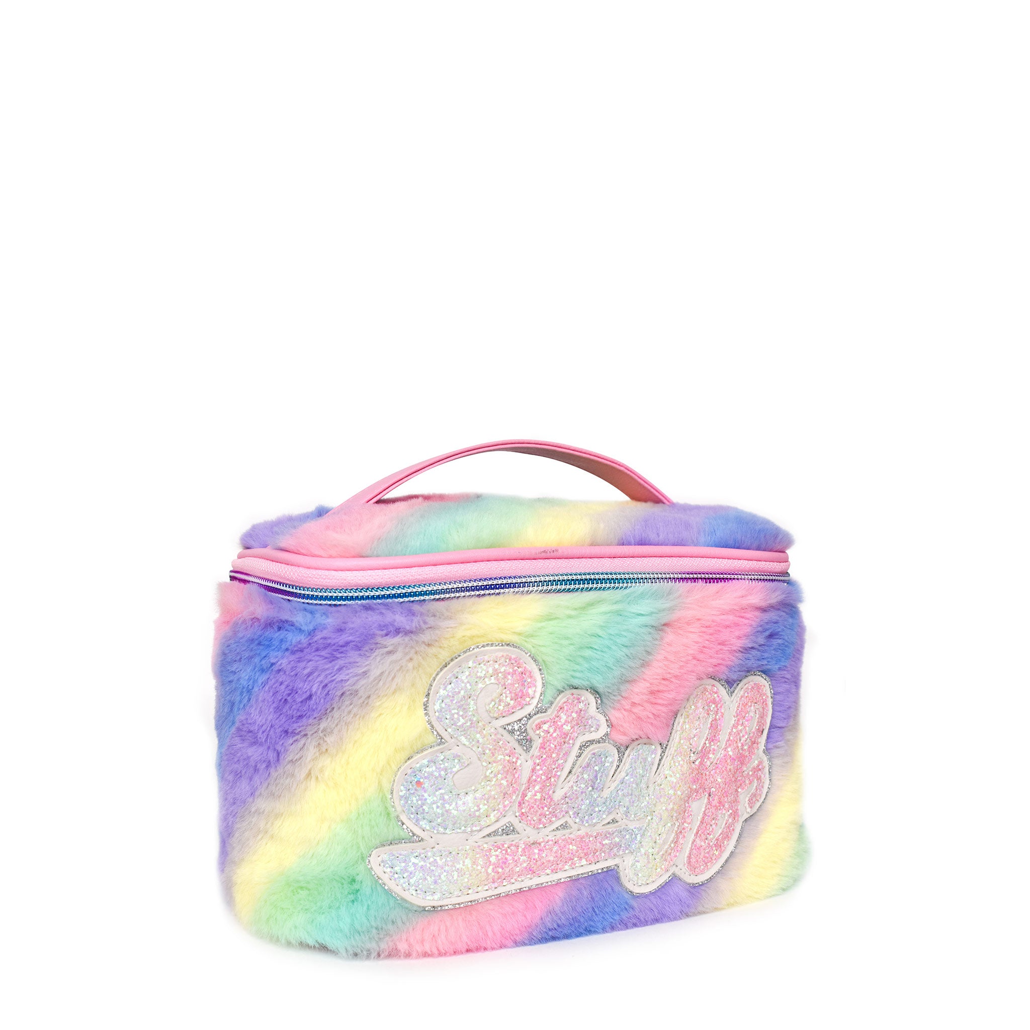 Side  view of rainbow striped plush train case with glitter scripted varsity letters 'STUFF'