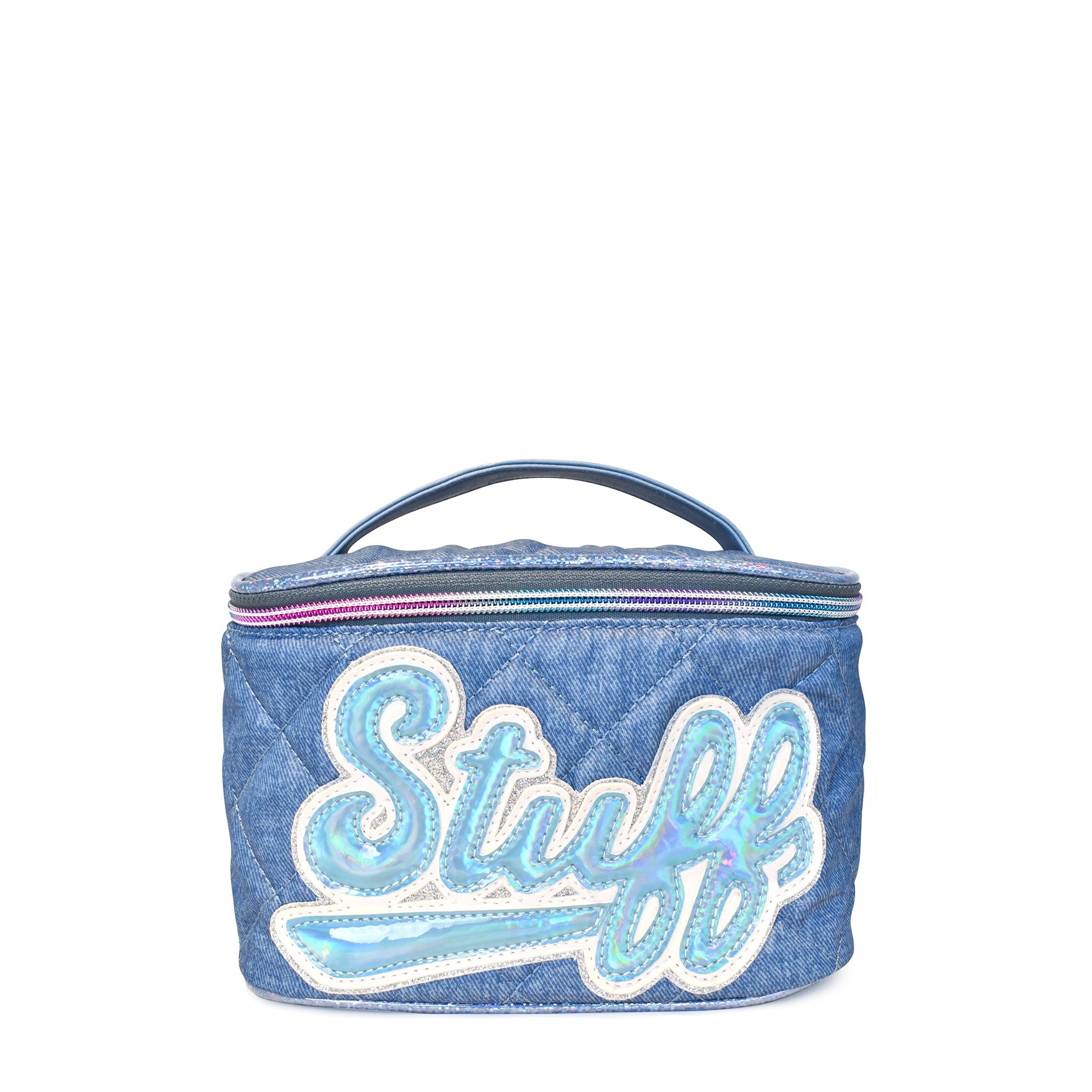 Front view of a denim printed & quilted train case with blue metallic retro-inspired script 'STUFF' applique