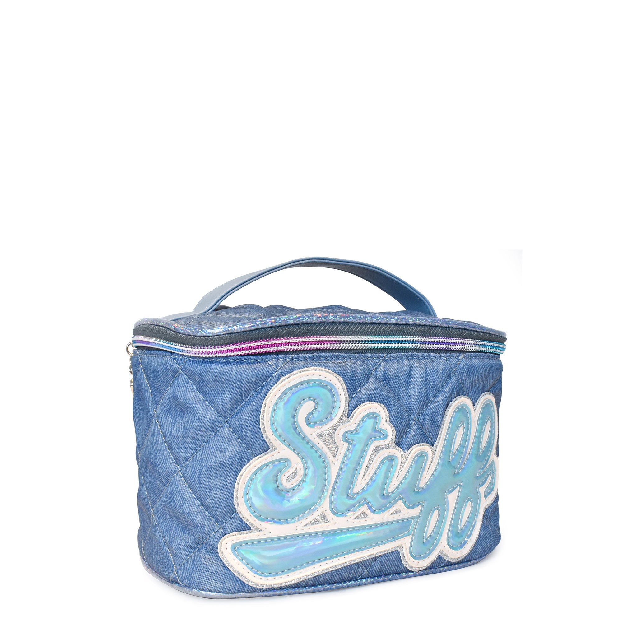 Side view of a denim printed & quilted train case with blue metallic retro-inspired script 'STUFF' applique