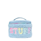 Front view of a blue sherpa train case with glitter bubble letters 'STUFF' appliqué 