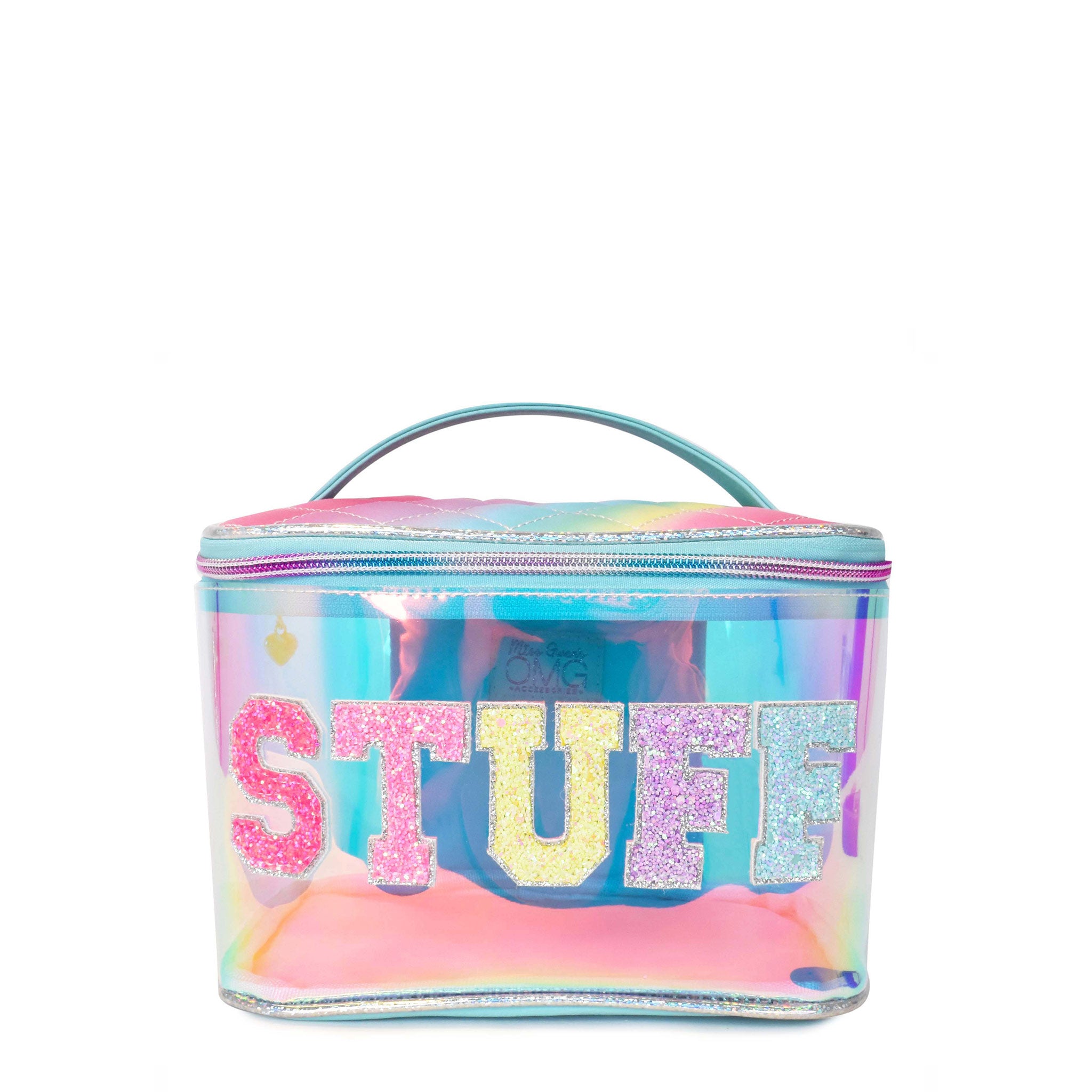 Front view of a glazed train case with glitter lettering 'stuff' 