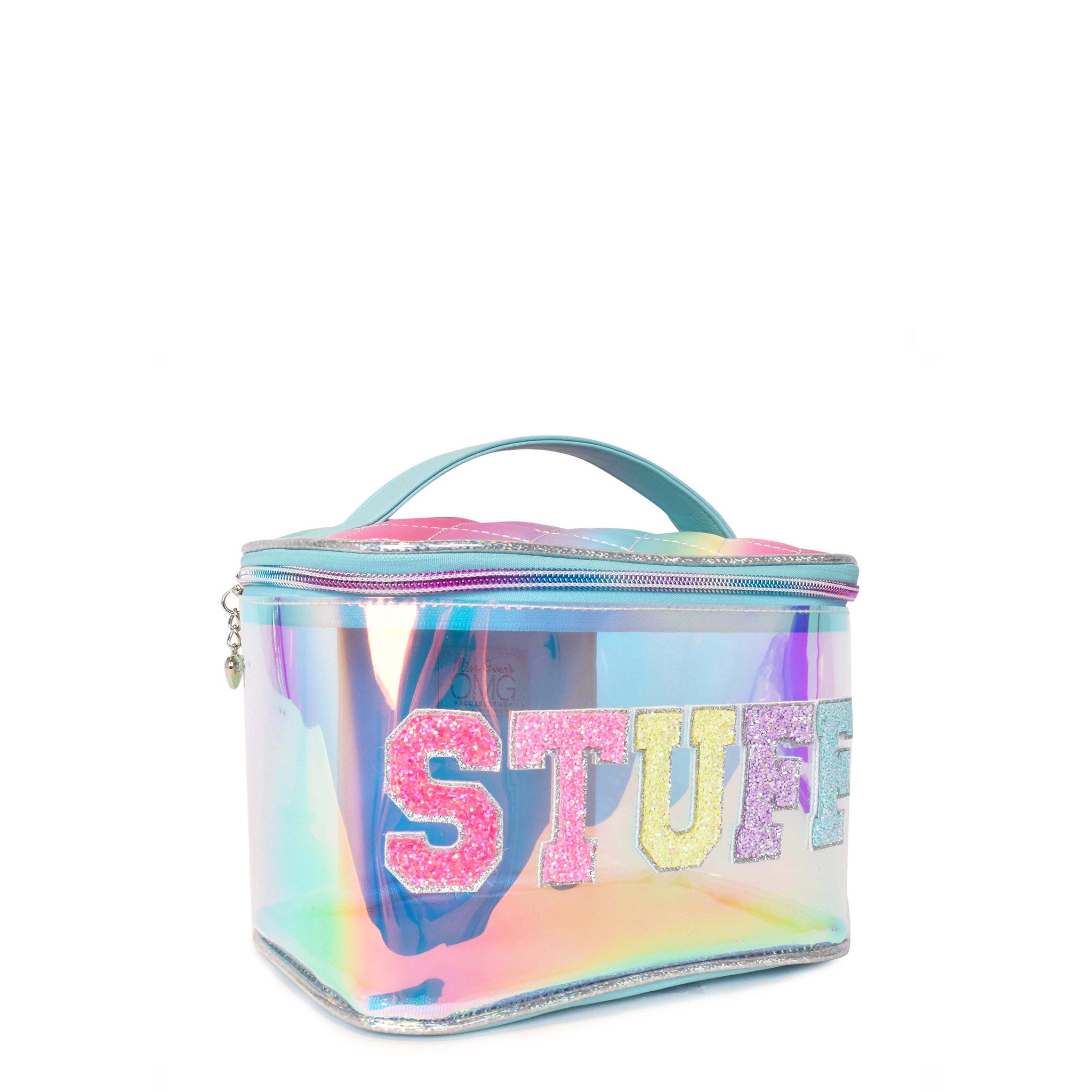 Side  view of a glazed train case with glitter lettering 'stuff'