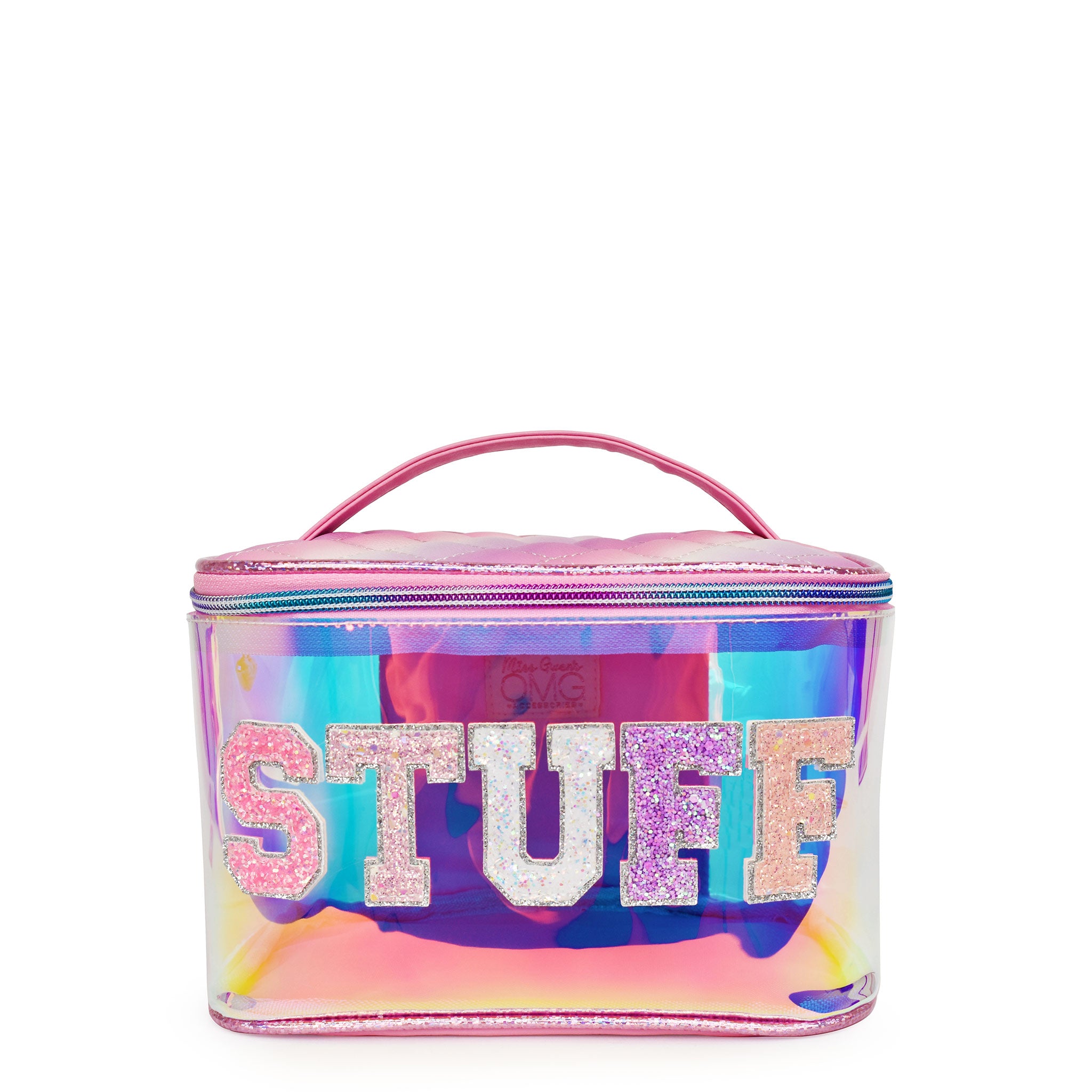 front view of a clear glazed train case with varsity lettering 'stuff' glitter appliqué