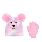 Front view of an ombre teddy face hat and gloves set