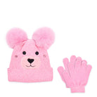 front view of a teddy face hat and gloves set in a pink chenille 