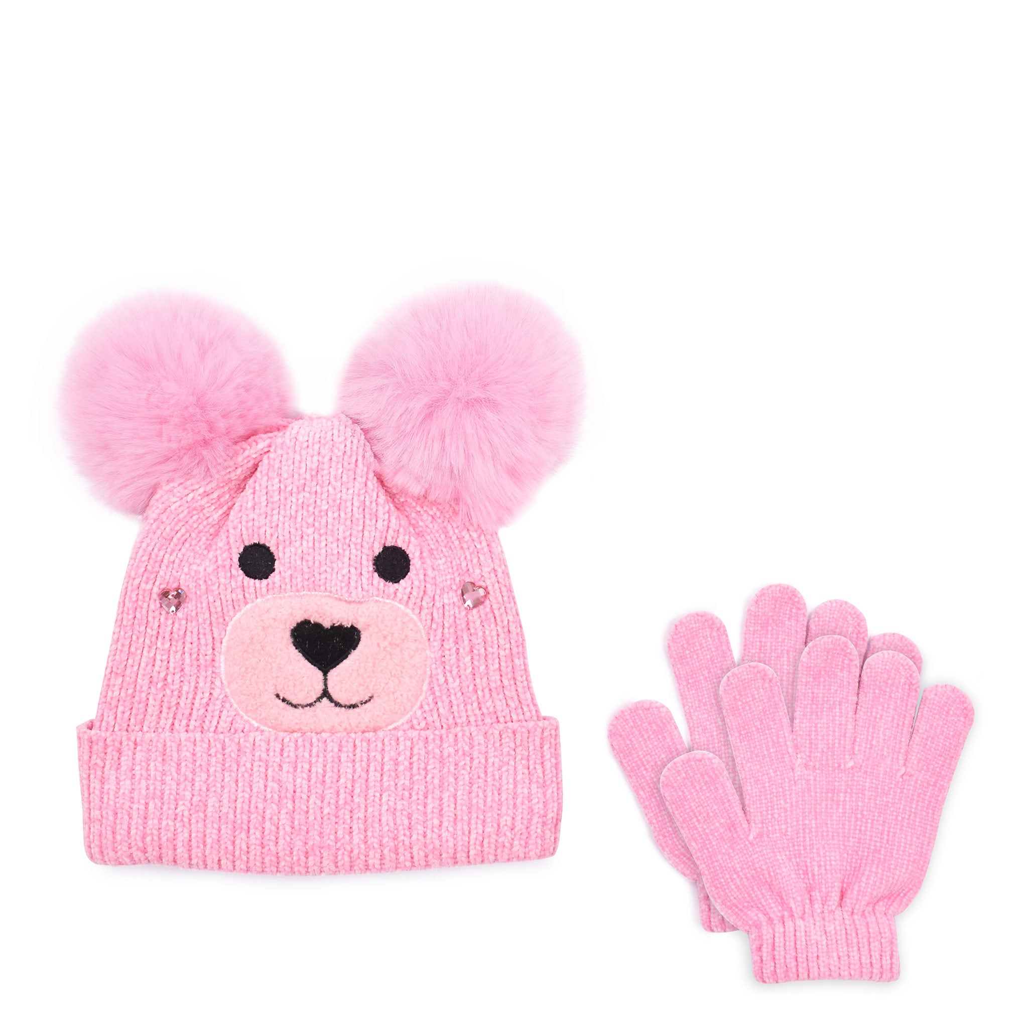 front view of a teddy face hat and gloves set in a pink chenille 