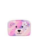 front view of a teddy bear face plush pouch with a glitter daisy appliqué 