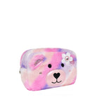 side view of a teddy bear face plush pouch with a glitter daisy appliqué 