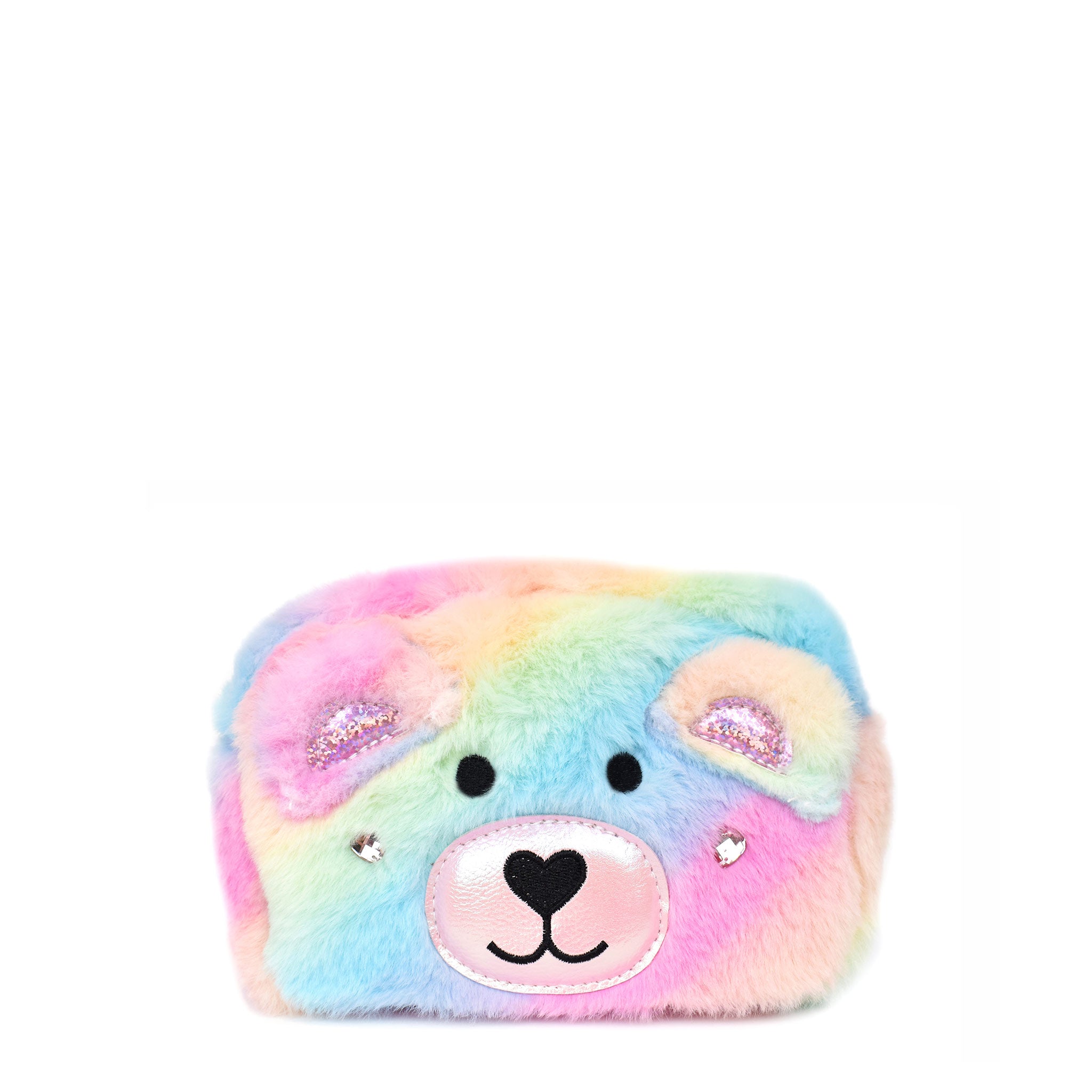 front view of a teddy bear face rainbow ombre plush pouch 